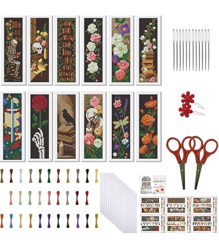 Kit De Marque-Pages Au Point De Croix FREEBLOSS Pour Débutants - 12 Motifs Estampés, Fils, Aiguilles - Taille 8" X 2.4"