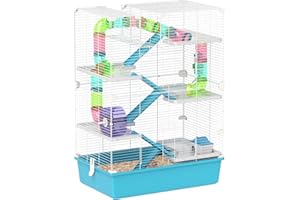 PawHut 6 Tier Small Animal Cage with Tubes, Exercise Wheel, Hut, Water Bottle, Food Dish, Ramps for Dwarf Hamster, 58 x 36 x 81 cm, Light Blue