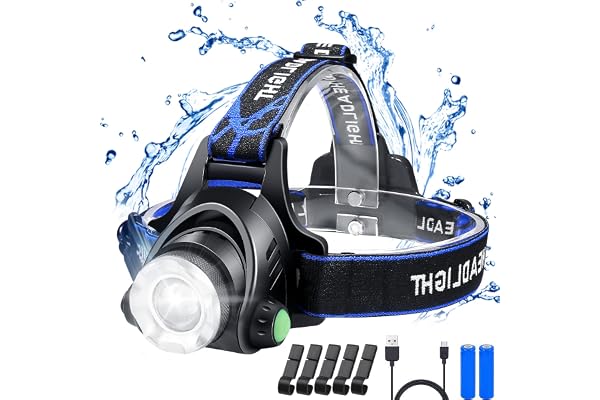 flintronic Lampe Frontale Rechargeable LED 1200LM,Torche Frontale IP64 Étanche Zoomable 3 Modes avec Câble USB 2 Piles 18650 avec Voyant Lumineux pour Camping,Pêche,Vélo,Randonnée,5 Boucles Casque