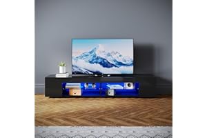 SONNI Mueble TV Negro Brillo con Luces LED 12 Colores LED,Mesa de Salón para TV Estantes de Cristal 160 cm