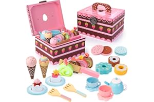 WOODMAM Wooden Toy Tea Set for Little Girls, 30pcs Party Play Food for Kids, Princess Tea Time Toys Playset Including Dessert, Cakes, Tea Party Accessories Pretend Play Toys for Girls Boys Age 3+