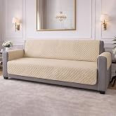 STITCHNEST 3-Layered Quilted Velvet Beige 3 Seater Sofa Cover Fully Covered with Pockets, Sofa Protector Suitable for Kids, P