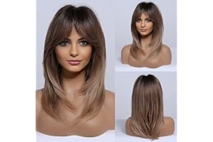 HAIRCUBE Long Brown Wigs for Women, Layered Synthetic Hair Wig with Fringe, Ombre Brown to Blonde with Dark Roots