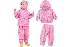 JinBei Tuta Impermeabile Bambino Leggero Tuta Pioggia Bambina con Cappuccio Traspirante Pantaloni e Giacca Antipioggia Impermeabili Spezzata con Strisce Riflettenti per Matsch Outdoor 1-7 Anni
