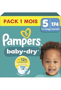 Couches PAMPERS Baby Dry Taille 5 - Pack Éco 207 Couches - Absorption Nuit