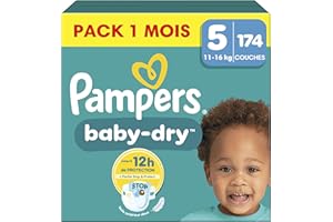 Pampers Baby-Dry, Taille 5, 174 Couches, 11-16kg, Une nuit jusqu'à 100% sans fuites avec la Poche Stop & Protect à l’arrière de la couche, Pack 1 Mois