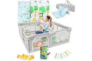BELLEBEBE - Parc Bebe -150x180cm - Avec Tapis Pliable, 50 Balles Colorées, Panier de Jeu et Livre Sensoriel Animaux - 6 Poignées, Sac de Transport - Sécurisé et Facile à Monter - Design Jungle