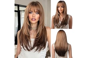 OUFEI Ombre Brown Pelucas Rubio Oscuro para las mujeres peluca larga recta en capas con flequillo pelucas de pelo sintético resistente al calor para la fiesta diaria Cosplay Wear