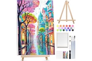 BOWETILE Pueblo Pequeño Pintar por Numeros Adultos Niños Principiantes con Marco&Caballete de Madera, Kit Cuadros para Pintar por Numeros, Pintura Acrilica Manualidades Adultos para Decoración 20x30cm