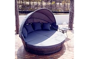 VONLUCE 4 Piezas Tumbona de Cama de Ratán para Jardín Sofá Cama con Cojínes y Almohadas Cama Modular Exterior con Toldo Ajustable