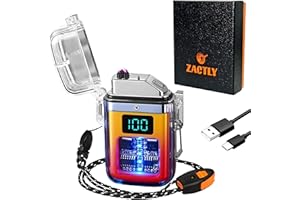 Zactly AL12 Transparent Electric USB C Rechargeable Plasma Candle Lighter LED Digital Display Dual Arc Waterproof Windproof, Whistle, Lanyard, Camping Outdoor Survival Tool (YELLOW RED GRADIENT)