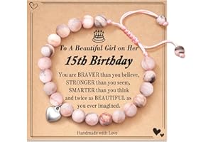 POWWA 4-21 Year Old Birthday Gifts for Girls, Pink Zebra Natural Stone Bracelet with Sweet Heart Charm and Message Card for Daughter/Granddaughter/Niece