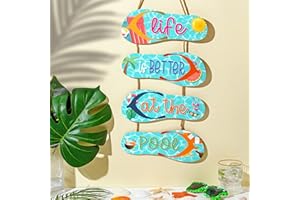 Panelee Beach Bee Wall Decor Wood Beach Decorations for Bathroom Flip Flop Bee Wall Ornament Slippers Hanging Decorations Summer Ocean Sign for Home Spring Summer Tropical Coastal(Pool)