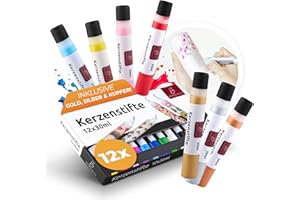 Brandalo® Premium 12er Set Kerzenstifte á 30ml leuchtende Farben – Candle Pen für Kerzen - Taufkerze Selber Machen - Ideal zum Kerzen Dekorieren & Gestalten - Candle Liner – Kerzenfarbe - Kerzenpen