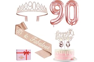 Amosking 90th Birthday Decorations for Women, Including 90th Birthday Sash and Crown, Cake Topper and Candles, Rose Gold Number Balloons, 90 Year Old Gifts for Women
