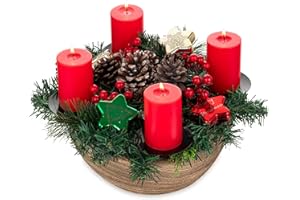 Hanobe Corona de Adviento de madera para decoración navideña: soporte redondo para velas de Adviento con 4 candelabros para decoración de Adviento, pequeño cuenco de Adviento para decoración de