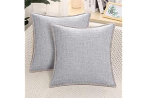 decorUhome Set of 2 Linen Cushion Covers 45X45cm,Decorative Outdoor Plain Vintage Cushion Covers with Stitched Edges, Square Farmhouse Neutral Pillow case 18x18 Inch for Sofa, Light Grey