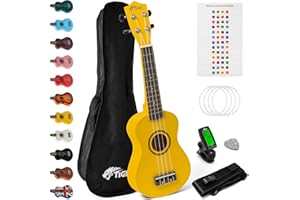 Tiger UKEKIT-YL Soprano Ukulele Kit – Suitable for Beginners and Children – Chromatic Tuner, Strap, Carry Bag, Notes Sticker, Felt Pick, Spare Strings, with Aquila Strings Fitted – Yellow
