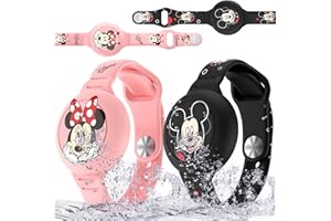 Beardslee Waterproof AirTag Bracelets for Kids (2 Pack),Cute Cartoon Air Tag Holder for Kids with Full Coverage Hidden Design,Anti-Lost Hidden Airtag Wristband Accessories for Child(Black & Pink)