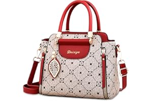 DEEVORCA Bolsos de Mano para Mujer, Colgante Elegante Estampado Retro Clásico Diseño de Color en Contraste Bolso Bandolera Adecuado para Viajes, Ocio o Compras Impermeable PU Cuero Gris Rojizo