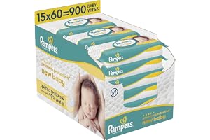 Pampers Premium Protection New Baby Wipes Plastic Free, 15 Packs of 60 Wipes = 900 Baby Wet Wipes, Quilted Texture, Lotion wi