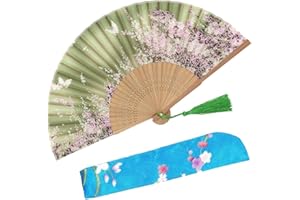 OMyTea "Sakura" Chinese/Japanese Women Hand Held Silk Folding Fans with Bamboo Frame - With a Fabric Sleeve for Protection (WZS-6)