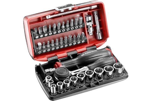 FACOM - Coffret compact de serrage et vissage NANO, 38 pièces, Set de douilles 6 Pans 1/4" avec Cliquet à manche rotatif, R.360NANOPB