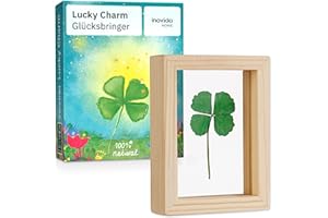 Petits Porte-Bonheur : Véritable Trèfle à Quatre Feuilles à Offrir – Cadre Bois 7,5x5,6cm – Cadeau Chance Examen – Cadeau Réconfort – Porte-Bonheur Original – Inovida
