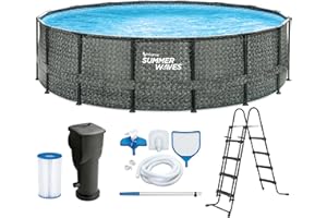 Summer Waves Frame Pool Komplettset | Rund 488x122 cm Rattanoptik Grau | Aufstellpool Set | Gartenpool & Schwimmbecken inkl. Filterpumpe, Einstiegsleiter, Abdeckplane, Bodenvlies & Reinigungsset