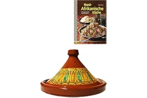 ‎MARRAKESCH ORIENT & MEDITERRAN INTERIOR Marokkanische Tajine Topf zum Kochen + Kochbuch | Schmortopf glasiert Gulnar Ø 30cm, für 4-5 Personen | inklusive Rezepte Buch Nord Afrikanische Küche | ORIGINAL Tontopf handgetöpfert aus Marokko