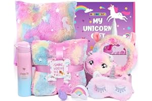 Toyssa Einhorn Geschenke für Mädchen 5 6 7 8 9 10 Jahren Leuchtend Einhorn Kuscheldecke Kissenbezug Edelstahl 500ml Thermosflaschen Badebomben Augenmaske Geburtstag Geschenkideen Kinder Mädchen