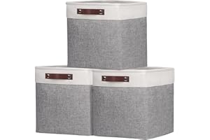 OUTBROS Lot de 3 Boîte de Rangement en Tissu, 30 * 30 * 30cm Panier de Rangement Pliable avec Poignées, pour Vêtements, Étagères, Armoires, Blanc/Gris