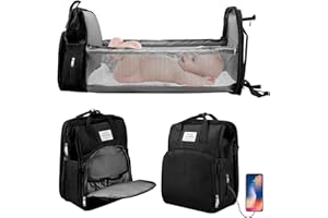 DOEDOEFONG Sac a Langer a Dos avec Sacs à Langer Lit Grande Capacité, Grande Sac à Couches avec Matelas à Langer,sac à Dos pour lit Bébé,sac de Voyage avec Lit Pliable et Pare-Soleil (noir)