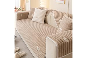 tianxinbaobei Non Slip Couch Cover Washable, Warm & Cozy Rabbit Plush Sofa Cover, Waterproof Faux Fur Couch Covers for Sofa(Khaki/36 x70/3-Seater Sofa Cover)