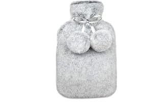 HABIGAIL Luxury Hot Water Bottle with Extra Soft Faux Fur Plush Cover Premium Natural Rubber 2 Litre Hot Water Bag - 2l Capacity - Helps Provide Warmth and Comfort (Grey)