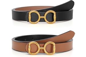 LEACOOLKEY Women Reversible Leather Belt for Jeans Pants Fashion Two-In-One Gold Buckle Ladies Dress Belt