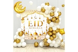 FRIGG Weiß und Gold Eid Mubarak Ballons Set, Eid Mubarak Dekoration - 70 Stück Weiß Gold Ballons und 'Eid Mubarak' Hintergrund Banner, Ramadan ballons für Ramadan Dekoration 2024 und Eid Mubarak Feier