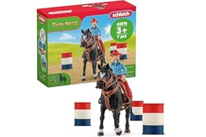 Schleich 42576 Farm World - Cowgirl et Tonneaux de Racing et Cheval Animaux de la Ferme et Accessoires Western Réalistes - Coffret 7 Pièces pour Garçons et Filles
