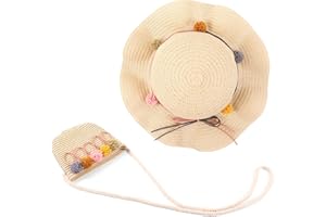 MAMUNU Straw Hat and Small Bag Set, Summer Sun Hat Girls Children, Children's Straw Hat with Flower Decoration for Tourism, Holiday, Travel, Beach, Outdoor Activities
