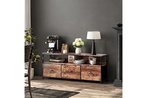 JiaOyu Mueble de TV con iluminación LED y 3 cajones de tela, armario bajo retro para televisores de hasta 55 pulgadas, mesa multifuncional con compartimentos abiertos para salón (marrón/3 cajones, 137