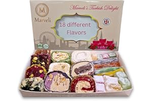 YAQEEN Turkish Delight Lokum Mix Caja de regalo 16 sabores diferentes Dulces de lujo Oriental Malvavisco Caja de regalo Gourmet Soft Candy Vegetariano Halal Sin Gluten 350 g