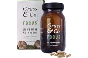 Grass & Co. Lion's Mane Mushroom 600mg Capsules with Vitamin D, Vegan Omega 3, Vitamin B12 & Ginseng | Focus | Supports Cognitive Health | 60 Capsules, 30 Servings