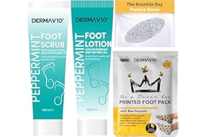 THE BRAMBLE BAY Foot Scrub Exfoliator bundle contains Scrubber treatment Peppermint 100ml, massage Lotion 100ml, Mask Socks & Pumice Stone