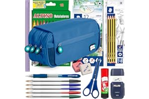 ColePack BitsBobs - Lote de Estuche Portatodo Triple con 3 Cremalleras y Material Escolar de Primeras Marcas Incluido (Azul)