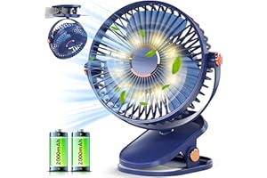 BoriYa USB Fan - 4000 mAh Battery Table Fan with Clip, Small Desk Fan with LED Light, Clampable Table Fan, Quiet Bedroom Fan, Small, 15 H+ Battery Table Fan for Office, Camping, Home