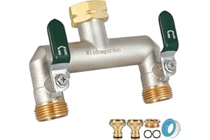 WISDOMGARDEN Distributore di acqua a 2 vie, distributore di acqua a 2 vie, in ottone nichelato, distributore di acqua a 2 vie, con manici verdi, 3/4 pollici, robustezza, adattatore esagonale da 1/2 pollici