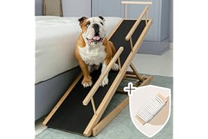 ‎PRIORPET Hunderampe Bett PRIORPET aus Birkenholz mit Sicherheitsgeländer - Höhenverstellbare hundetreppe für Betten bis zu 94.5cm - Klappbar - Anti-Rutsch-Griff - Für kleine Hunde bis zu 23kg - Naturel