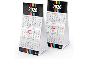 3-Monatskalender 2026 MINI - 2 Stück Tischkalender 10 x 20 cm - stabiler Kartonaufsteller mit Ferienterminen und Datumsschieber - Made in Germany by Geiger-Office