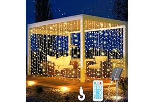 RJEDL Solar Net Curtain Lights Outdoor Garden,3mx3m 300LED Fairy Icicle Lights Outdoor 8 Modes Remote Control Waterproof Waterfall Lights for Patio Gazebo Party Autumn Christmas Decoration Warm White
