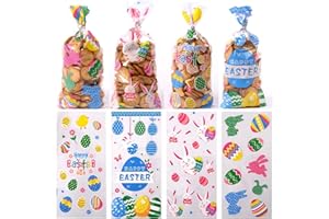 BOOSHMall 50 sztuk wielkanocnych torebek celofanowych, przezroczystych torebek na prezenty wielkanocne, torebki na prezenty z nadrukiem wielkanocnym, na urodziny dziecka, upominki dla dzieci,